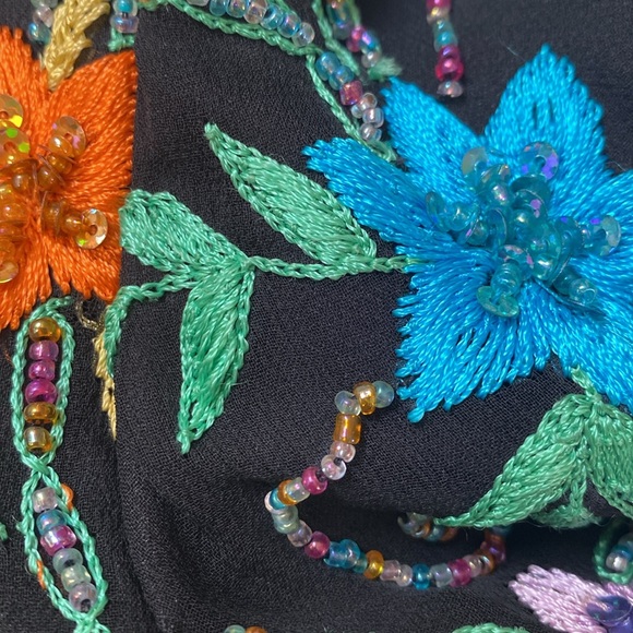Scala Black Silk Multicolor Floral embroidered Beaded Vintage jacket size M - Picture 3 of 11